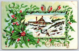 1908 Greetings Landscape Winter Green Leaves Birds Wishes Card Posted Postcard