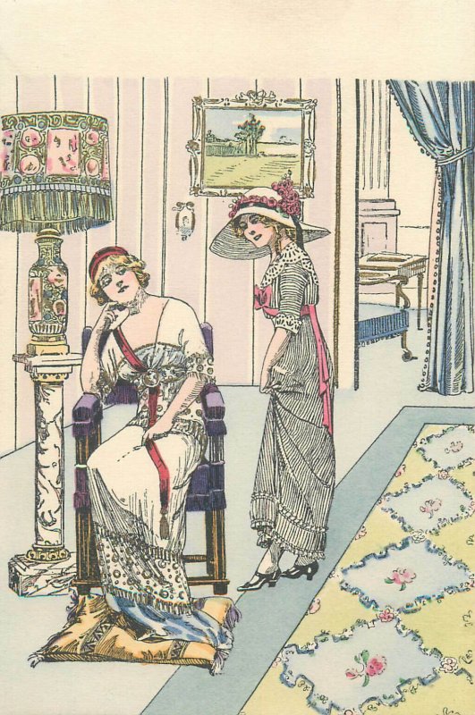 Graphic Art Glamor Drawn Ladies Women Fashion Lamp vintage postcard