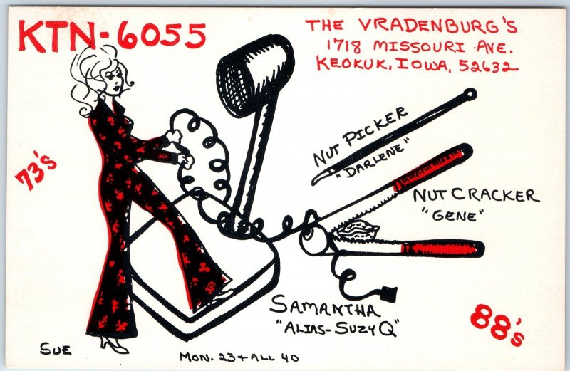 c1970s Keokuk, IA Nut Cracker Woman Art QSL Radio Card Tools Vradenburg A45