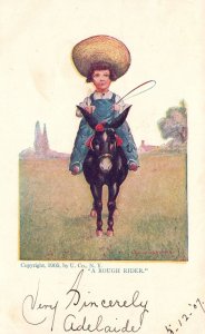 Vintage Postcard Real Painting Of A Boy Riding His Horse A Rough Rider