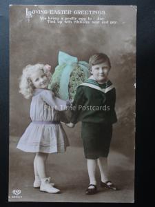 LOVING EASTER GREETINGS Children & Large Egg c1913 RP Postcard E.A.Schwerdtfeger