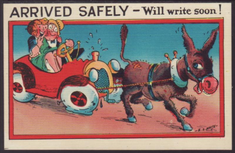 Arrived Safely,Donkey Pulling Car,Comic Postcard