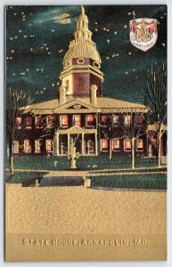 ANNAPOLIS MD STATE HOUSE CAPITOL BUILDING GOLD EMBOSSED COAT OF ARMS POSTCARD