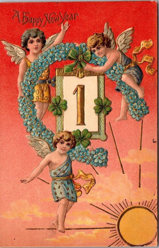 New Year Postcard Cherub Baby New Year Four Leaf Clovers Blue Flower Horseshoe