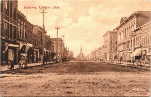 Postcard Minnesota Rochester Broadway Street View Shops Church ~1910 V202