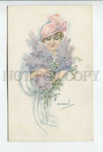 433916 FASHION Charming Lady LILAC flowers by USABAL Vintage ERKAL postcard