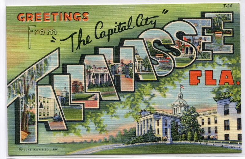 Greetings From Tallahassee Florida Capital City Large Letter linen postcard