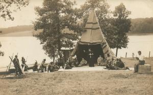 MISSIONARY w/ AMERICAN INDIANS THEATRE PLAY? ANTIQUE REAL PHOTO POSTCARD RPPC