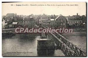 Postcard Old Lagny S and M provisional bridge the iron bridge and entrance to...