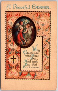 A Peaceful Easter, Three Angels With Flowering Tree & Ornate Border, Postcard