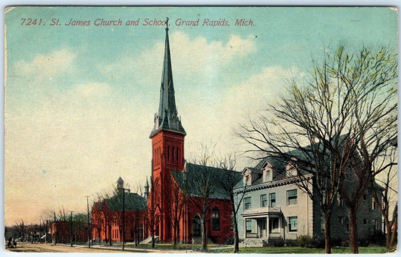 c1910s Grand Rapids, MI St James Church & School Litho Photo Postcard A120