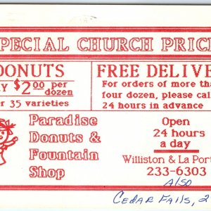 c1980s Waterloo, Iowa Paradise Donuts & Fountain Shop Advertising Postcard A118