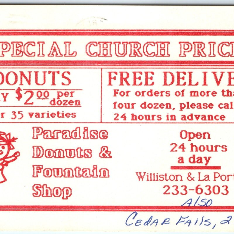 c1980s Waterloo, Iowa Paradise Donuts & Fountain Shop Advertising Postcard A118