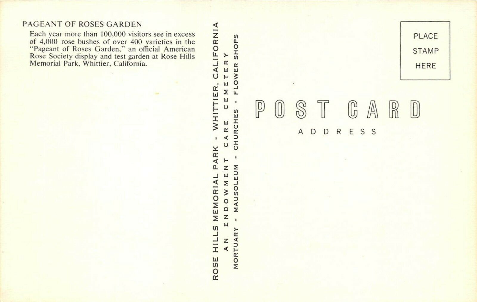 Whittier California 1960s Postcard Rose Hills Memorial Park Rose Garden