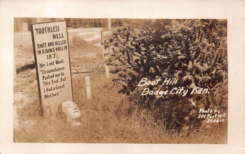 RPPC BOOT HILL DODGE CITY KANSAS TOOTHLESS NELL GRAVE REAL PHOTO POSTCARD (1939)