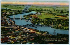 SACRAMENTO, California CA  SACRAMENTO RIVER & BRIDGES c1940s Linen Postcard