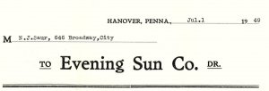 1949 HANOVER PENNSYLVANIA EVENING SUN NEWSPAPER CLASSIFIED AD INVOICE Z3434