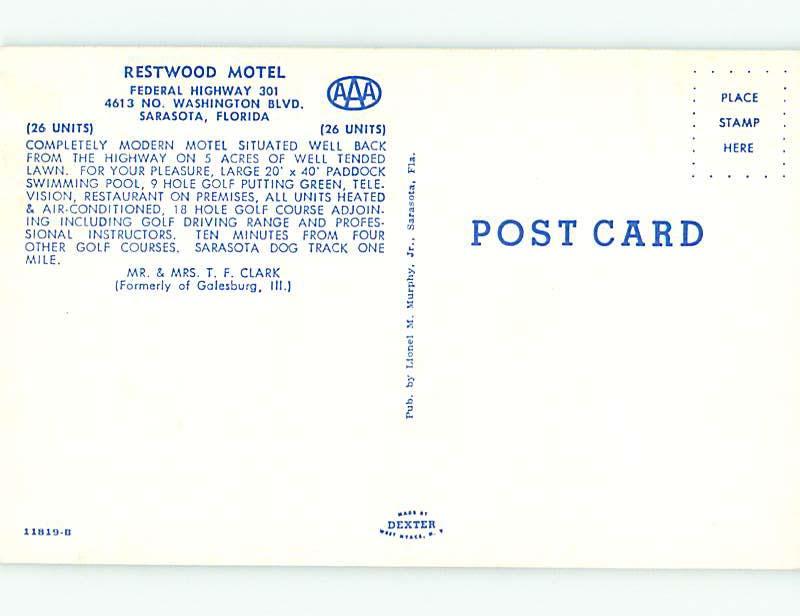 Unused Pre-1980 OLD CARS & RESTWOOD MOTEL Sarasota Florida FL u2026