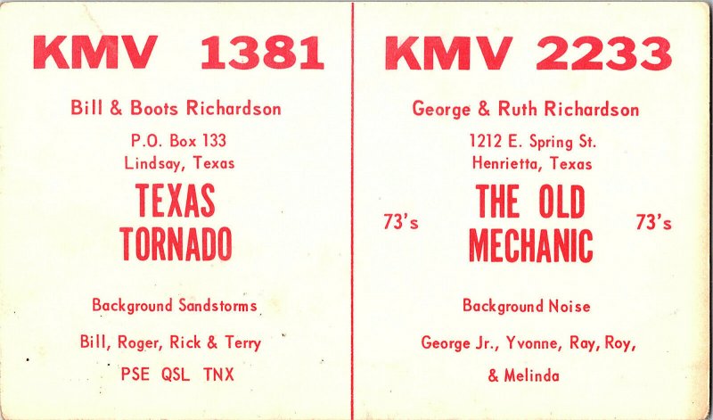 QSL Radio Card From Lindsay Texas KMV 1381 Henrietta Texas KMV 2233 