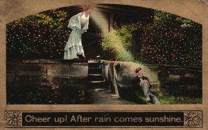 Vintage Postcard 1910's Lovers Girl Sneaks Boy Sits Behind Wall After Rain Comes