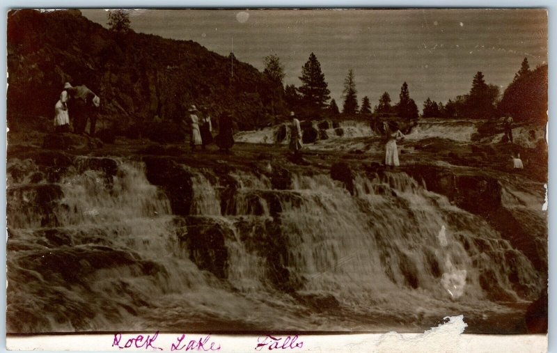 c1910s Beautiful Women on Rock Lake Falls RPPC Victorian Dress Waterfall A327