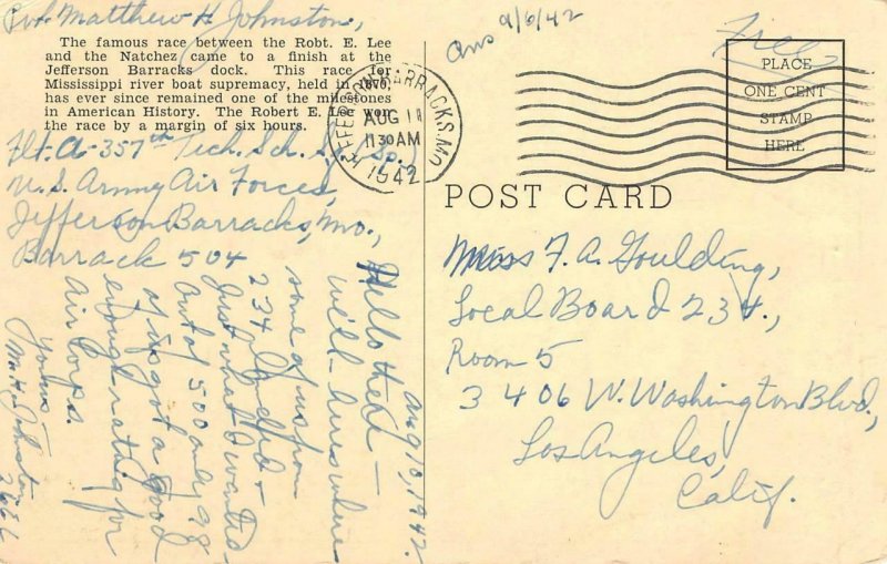 Robert E Lee Steamboat 1870 River Boat Race Jefferson Barracks, MO 1942 Postcard