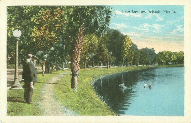 Lake Lucerne, Orlando, Florida; Swans, Men in Hats Vintage White Border Postcard