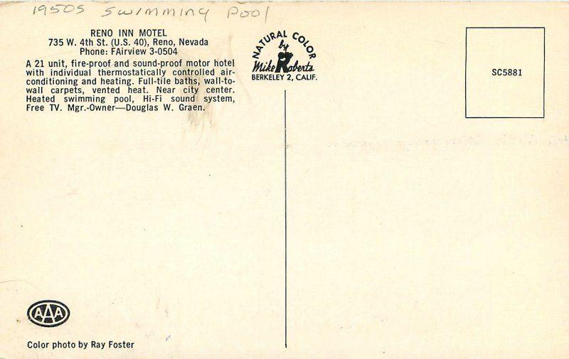 Autos 1950s Reno Inn Motel Nevada pool roadside Roberts postcard 7724