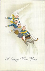 A Happy New Year Children on Tobaggan Printed in Germany