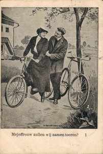 Vintage Art Nouveau Man and Woman with their Bikes 06.24