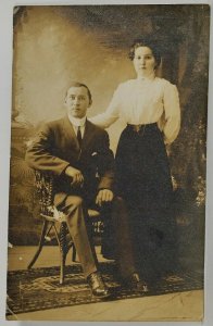 Lovely Woman and Husband Studio Backdrop RPPC c1908 Postcard R4