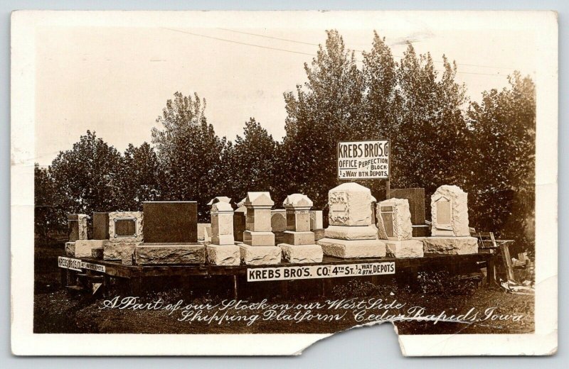 Cedar Rapids Iowa~Krebs Bros Co~Grave Monument Display~Head Stones~1913 RPPC 