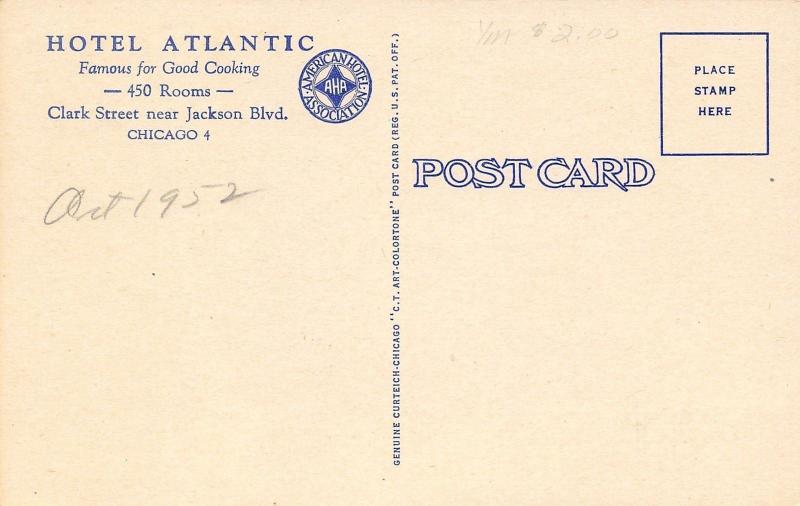 Chicago Illinois~Hotel Atlantic~1940 Postcard 
