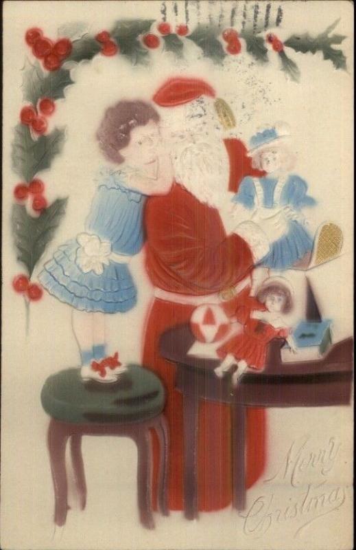 Christmas - Santa Claus Little Girl & Dolls c1910 Embossed Airbrushed Postcard