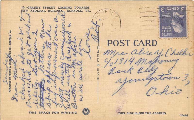 Norfolk Virginia 1950 Poscard Granby Street Roxy Theatre Bus