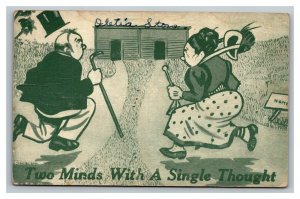 Vintage 1910's Comic Postcard - Man & Women Rush to the Outhouse - Funny