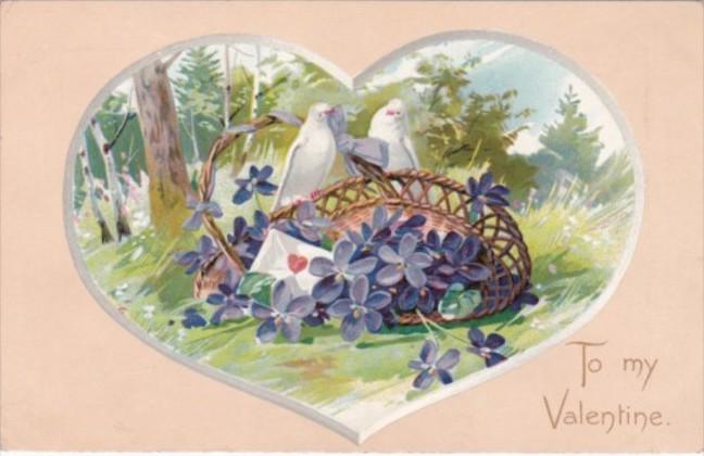 Valentine's Day Doves With Basket Of Flowers Tucks