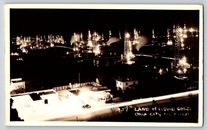 Postcard RPPC Land of Liquid Gold Oil Wells Oklahoma City Night View