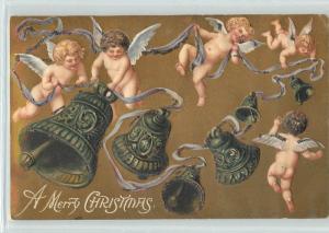 Embossed Christmas Postcard Angels Dancing Ringing Bells Glitter Undivided Back