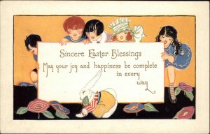 Art Deco Easter Cute Kids Bunny Colorful Art Great Fashion Vintage Postcard