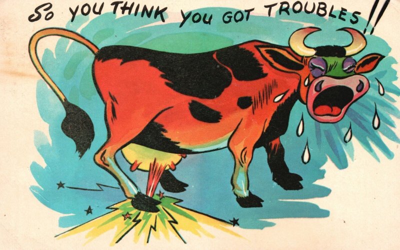 Vintage Postcard So You Think You Got Troubles! Mother Cow Crying Funny Comics 