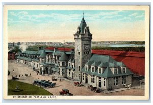 c1920 Union Station Building Clock Cargo Trucks Cars Tower Portland ME Postcard