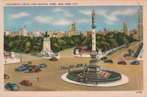 circa 1940's Cars Statue Columbus Circle New York City Postcard 2T4-592