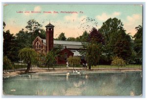 1912 Lake And Monkey House Zoo Philadelphia Pennsylvania PA Antique Postcard