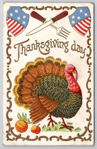 Thanksgiving Day Turkey Patriotic Gold Gilt Emb Postcard V22