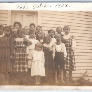 1908 Group Children RPPC Outdoors Fancy Girls Real Photo PC School? A171