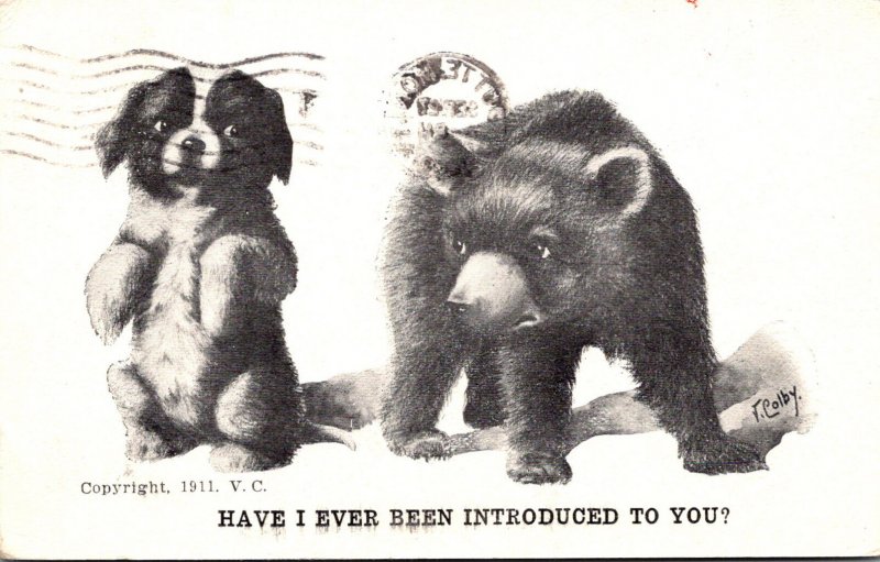Bear Cub and Puppy Have I Ever Been Introduced To You Signed Colby 1912