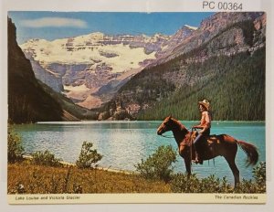 Lake Louise & Victoria Glacier Man on Horseback Canadian Rockies Postcard 