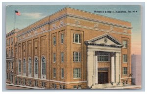 Hazleton PA Masonic Temple Building Postcard US Flag Entrance Linen