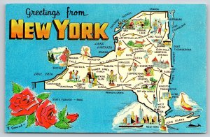 Maps~Red Roses & Pictorial Map of New York~Vintage Postcard